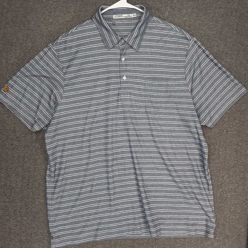 Criquiet Polo Shirt Mens 2XL Blue white Striped Pocket Short Sleeve Poly Cotton